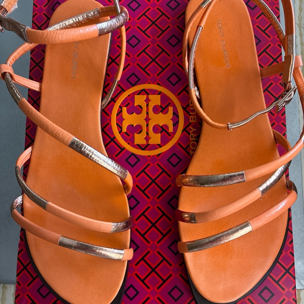Tory Burch Orange with Gold Accents Sandals Elegant Crisscross Design